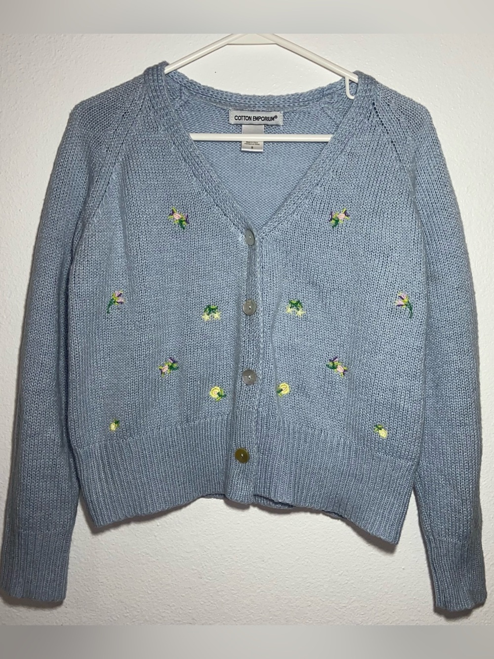 Cottagecore/Coquette - Cotton Emporium Light Blue Floral-Embroidered Cardigan